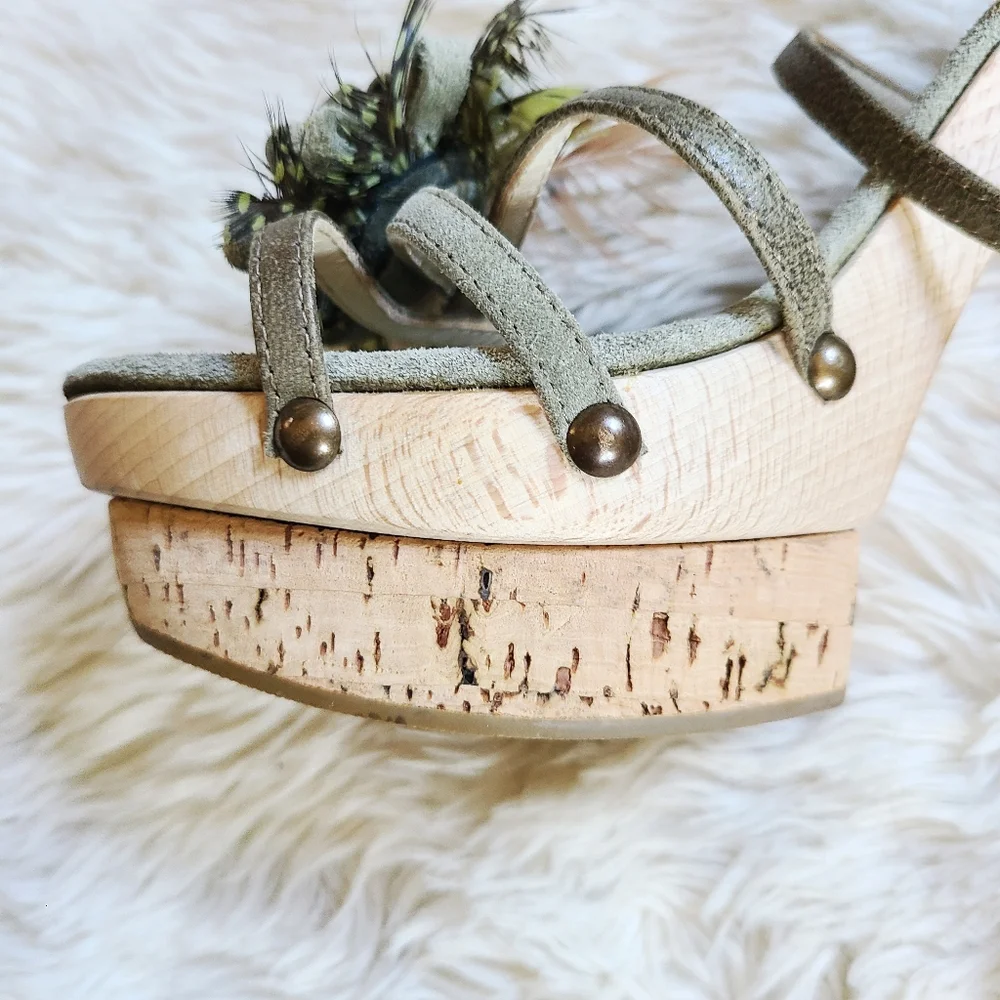 Olive Green Floral Cork Platform Sandals